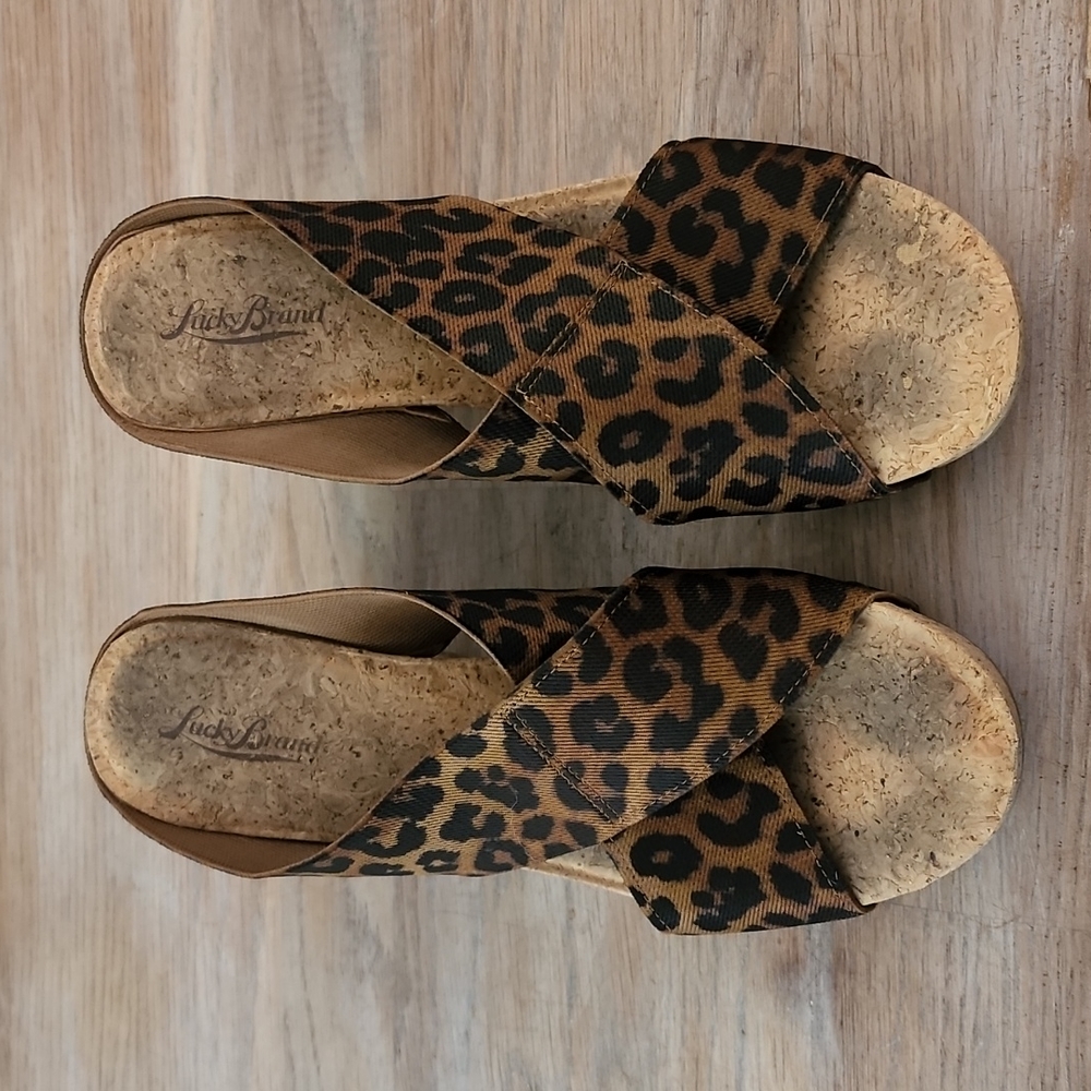 Lucky Brand Millet Platform Cork Wedge Slip-On Sandals Leopard Preowned EUC